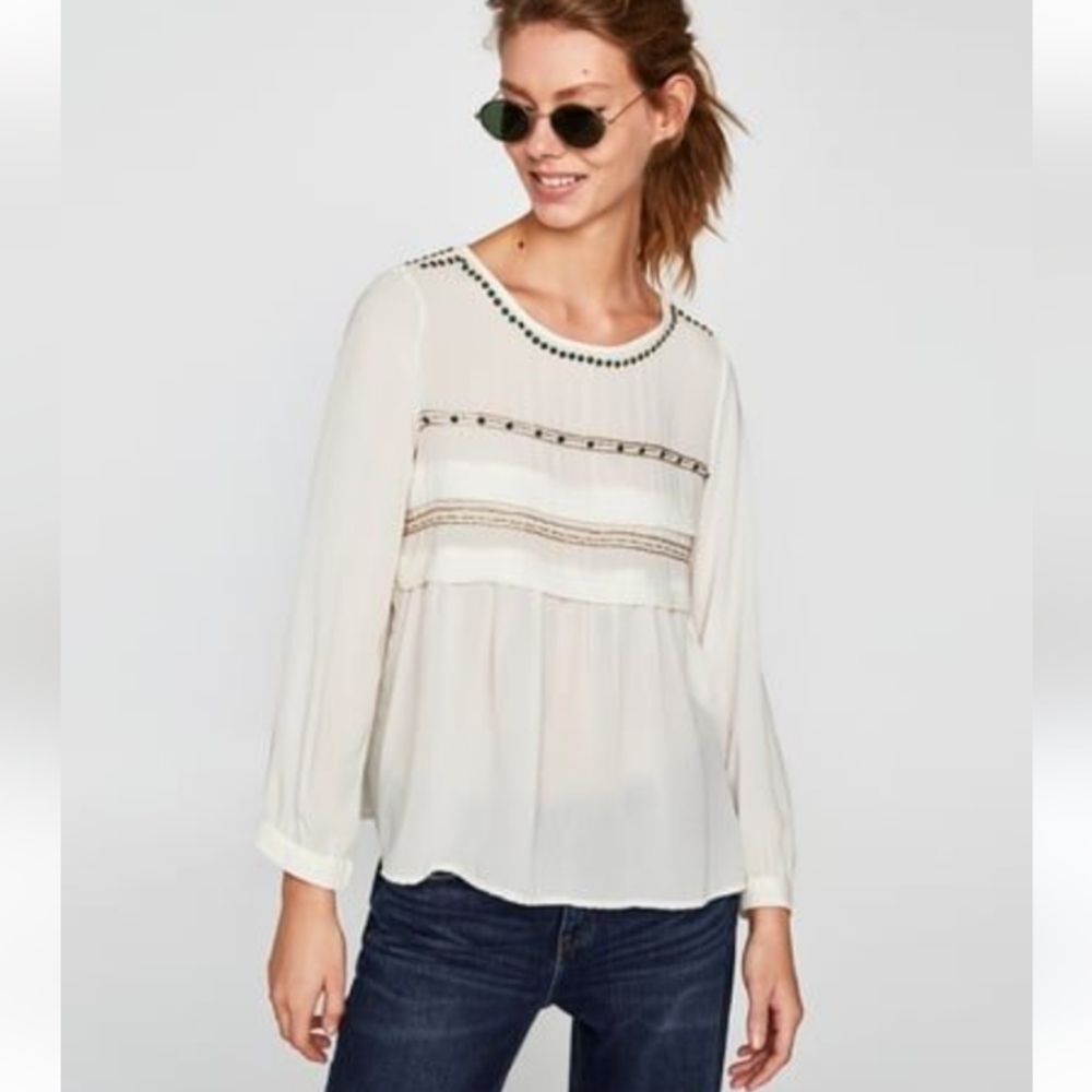 Zara basic collection beaded long sleeve baby doll top